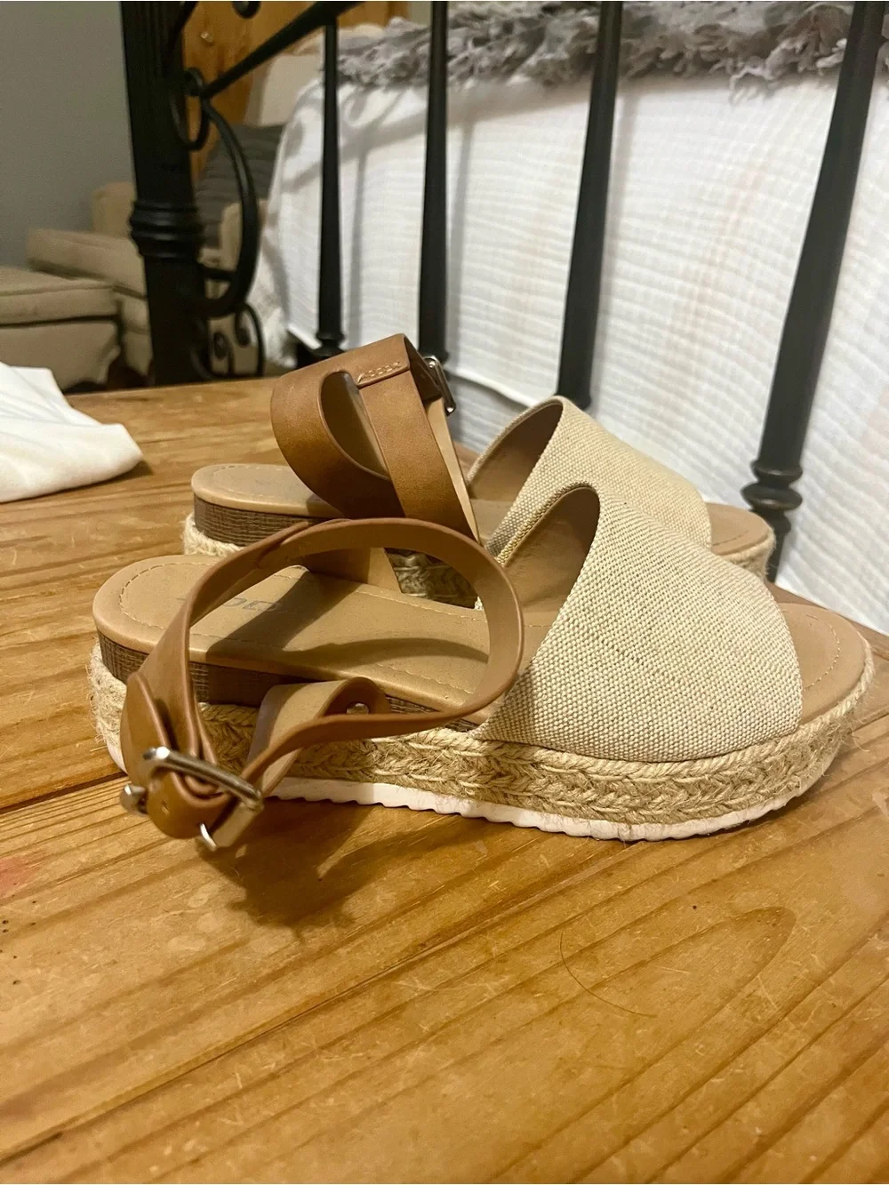 Beige Canvas Espadrille Platform Sandal with Tan Ankle Strap - 10 - Picture 3 of 4